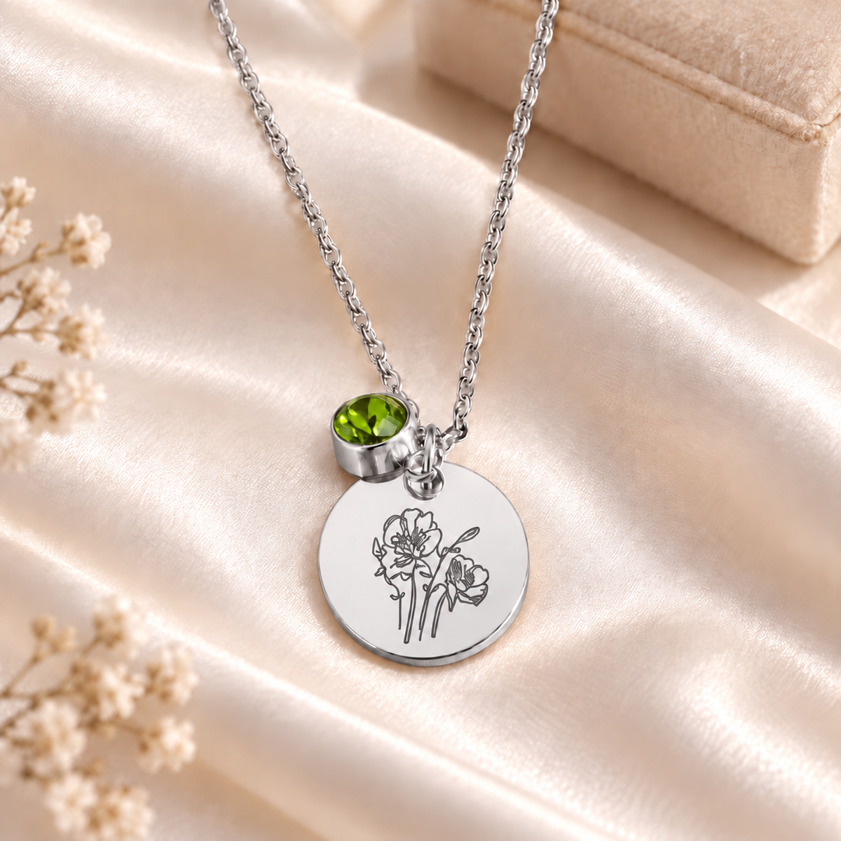 Birth Month Flowers Clipart Floral Discs Stainless Steel Pendant Necklace birthstone Personalized Birthday Gift for Her for Mom
