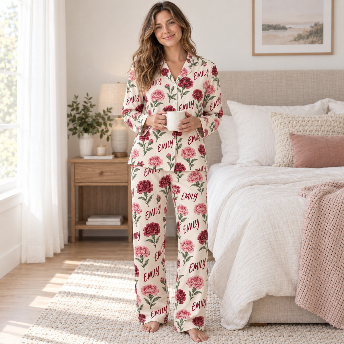 Personalized Birth Flower Pajama Set – Custom Name Floral Sleepwear for Women