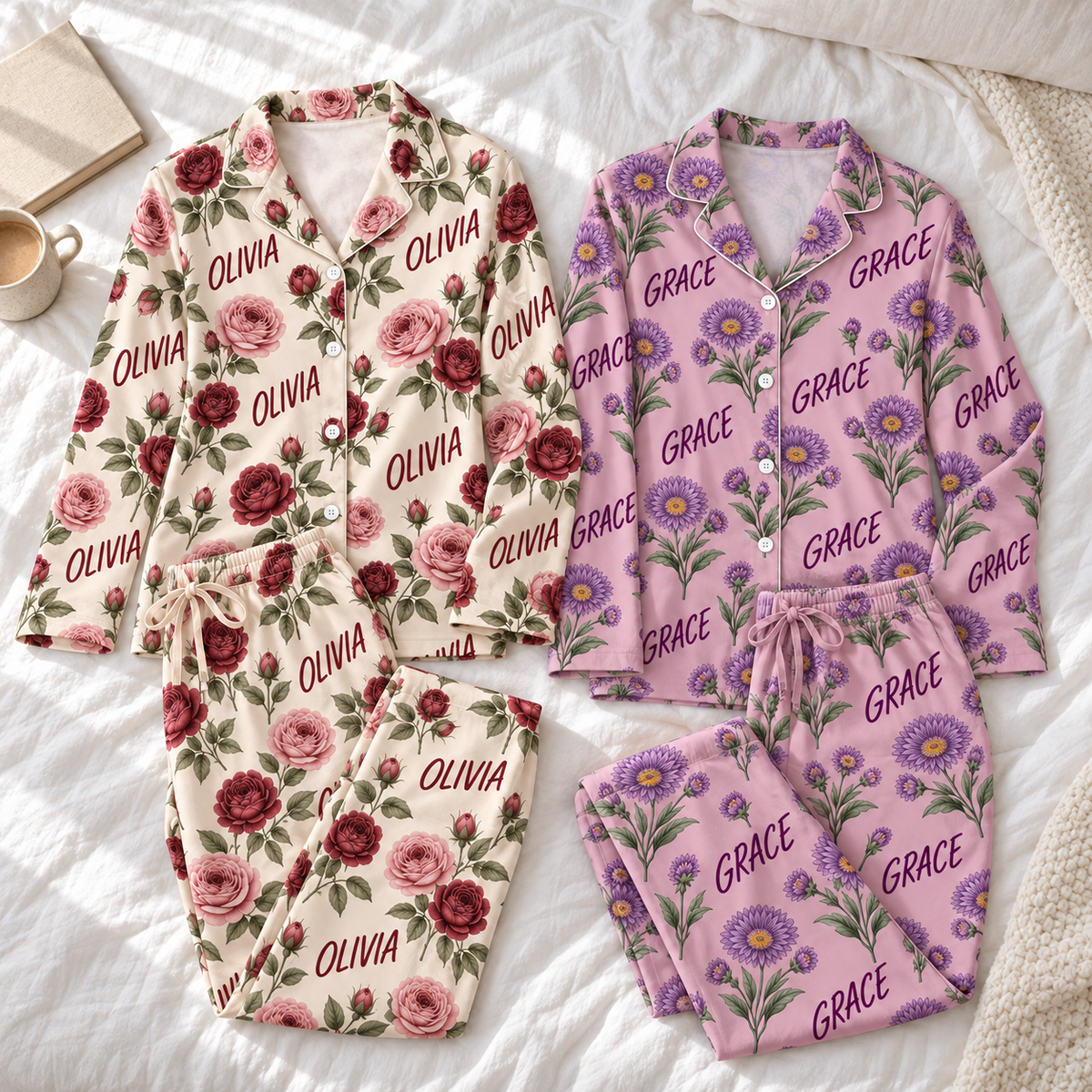 Personalized Birth Flower Pajama Set – Custom Name Floral Sleepwear for Women
