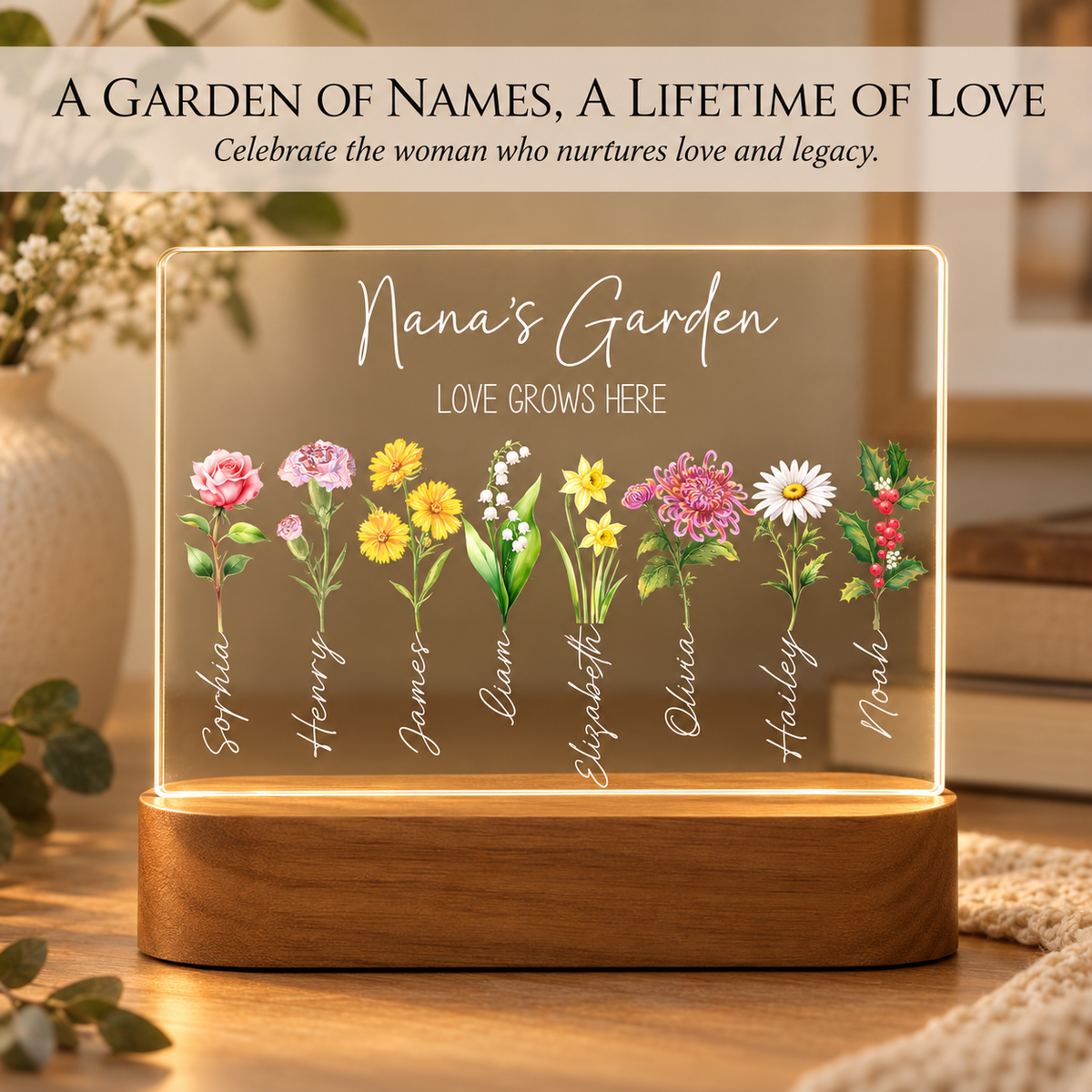 Personalized Garden Night Light | Custom Birth Flower Lamp for Mom, Grandma & Nana