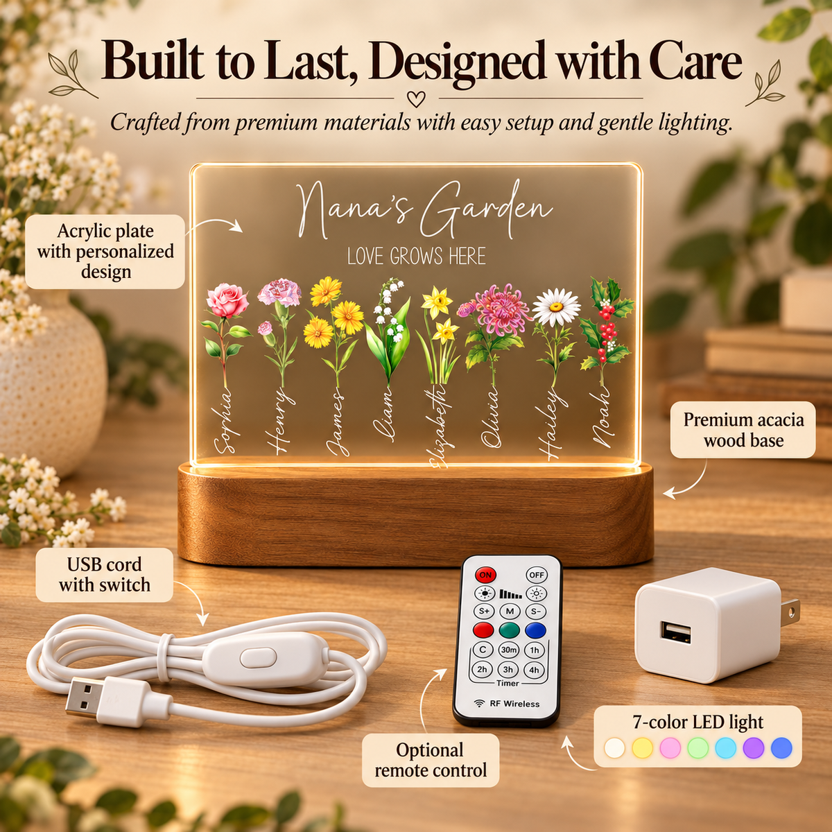 Personalized Garden Night Light | Custom Birth Flower Lamp for Mom, Grandma & Nana