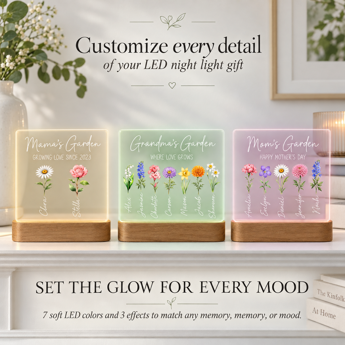 Personalized Garden Night Light | Custom Birth Flower Lamp for Mom, Grandma & Nana