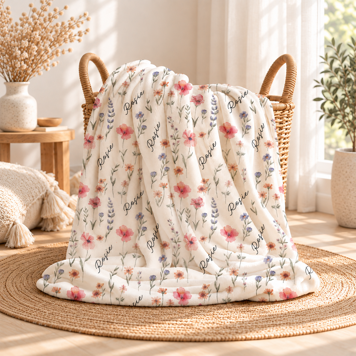 Personalized wildflower baby blanket with repeating custom name