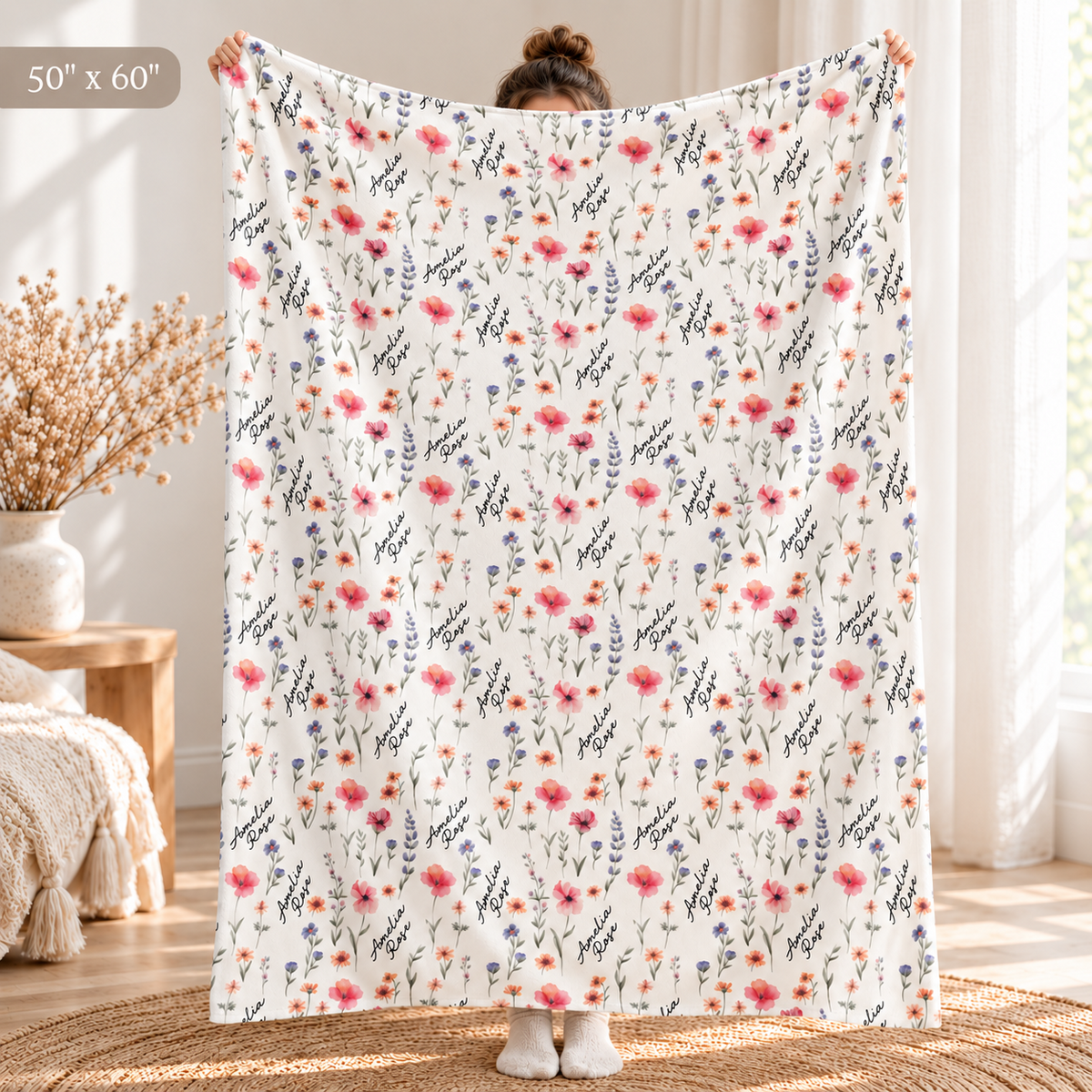 Personalized wildflower blanket shown at 50 by 60 inches