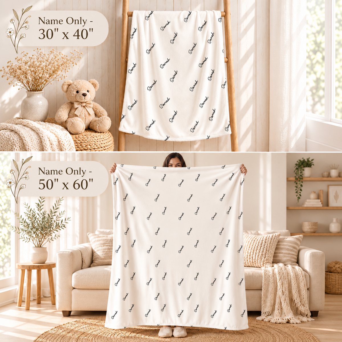 Personalized name-only baby blanket size comparison