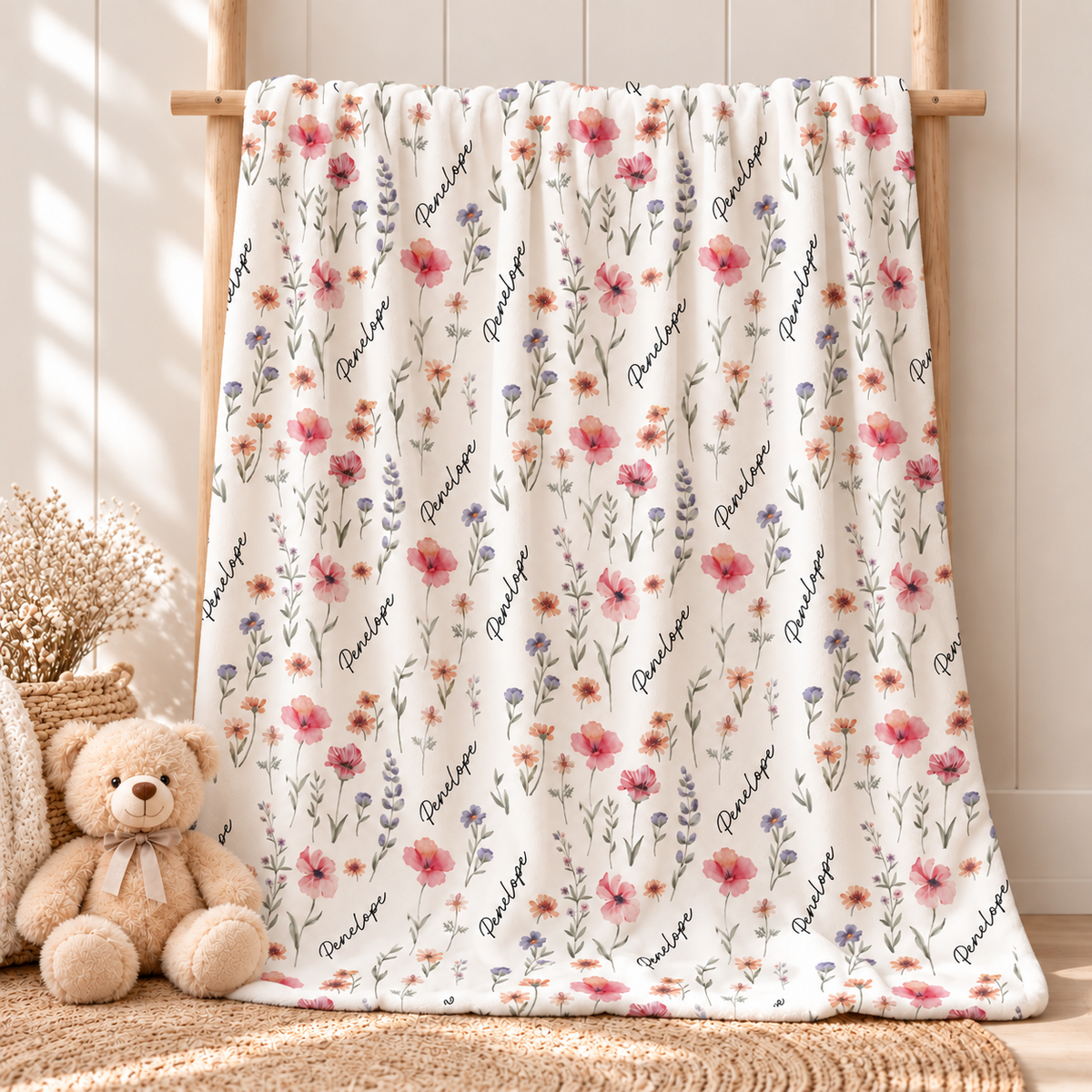 Personalized wildflower blanket hanging in a warm nursery