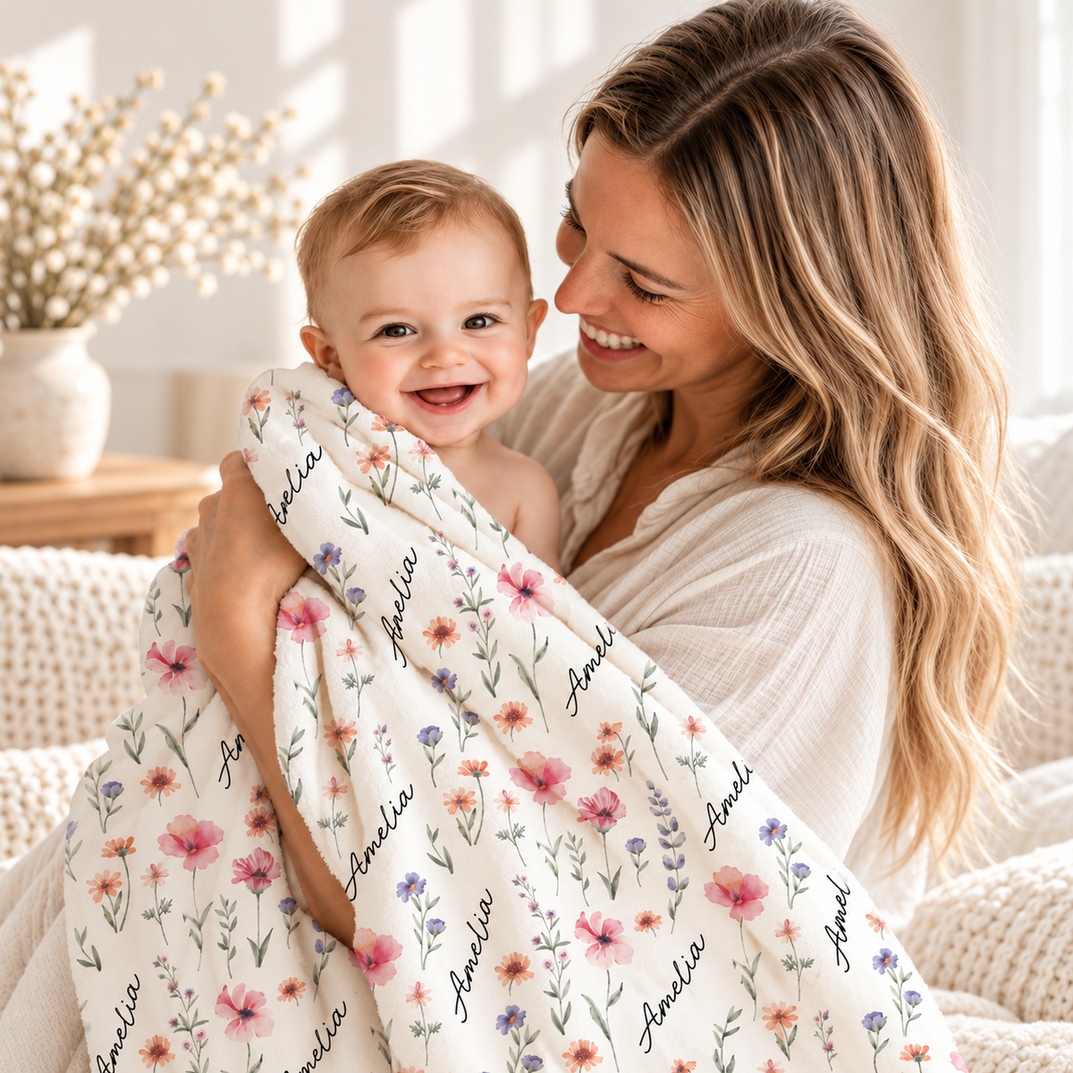 Mother holding baby wrapped in personalized wildflower blanket