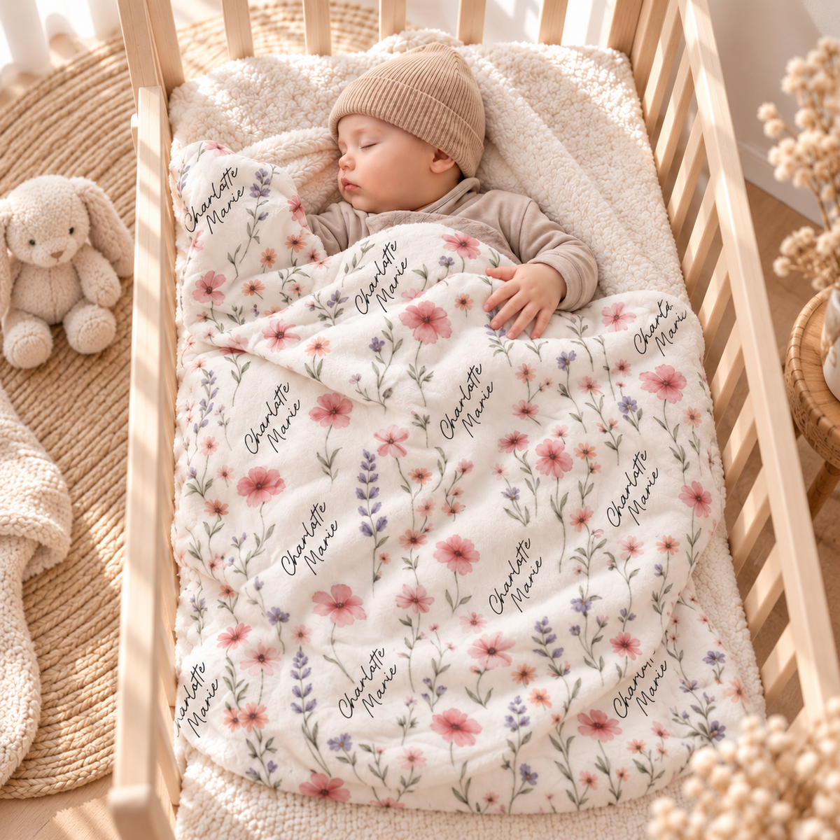 Baby sleeping with personalized wildflower minky blanket