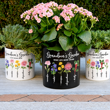 Personalized Grandma's Garden ceramic flower pots with birth flowers