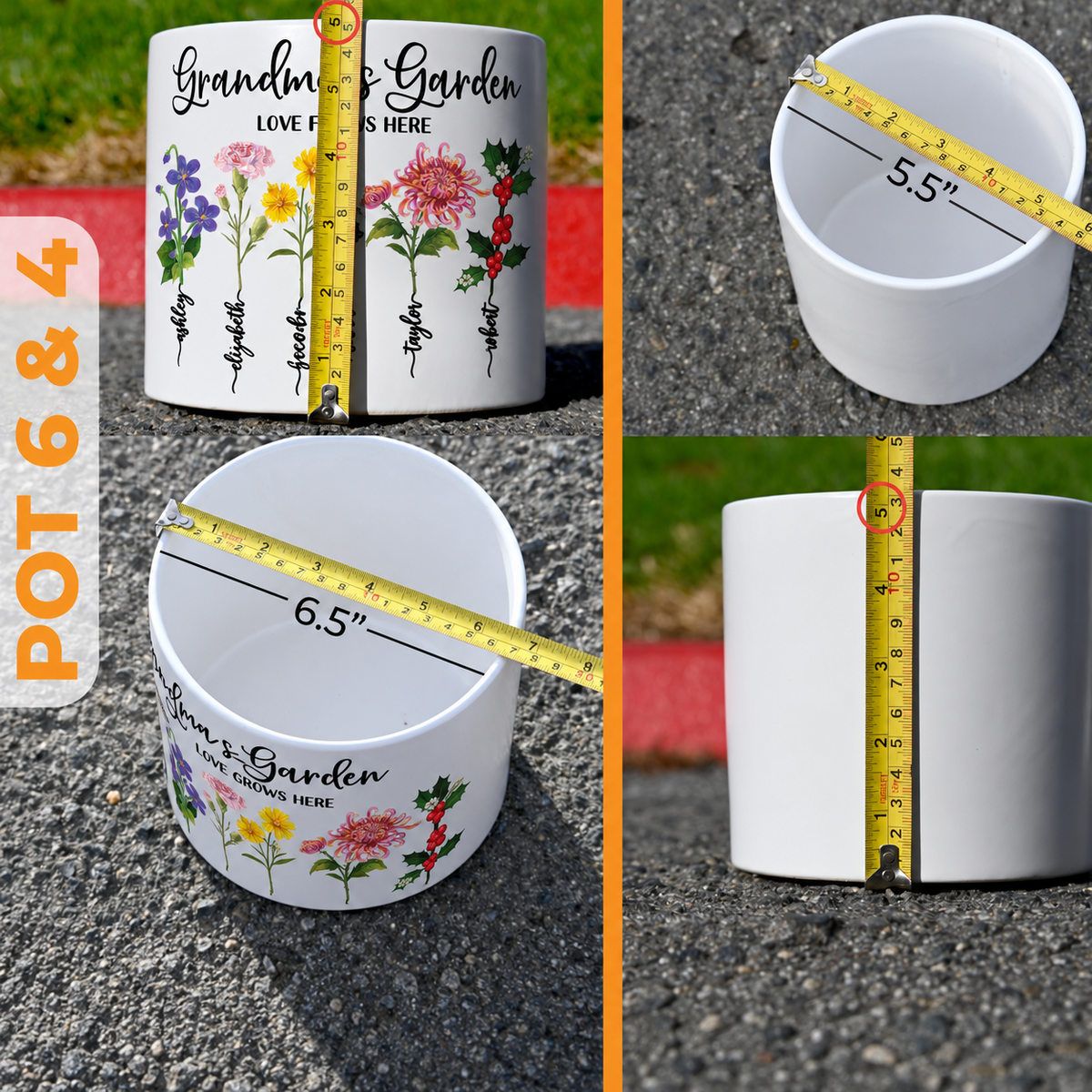 Grandma's Garden ceramic flower pot dimensions and drainage details