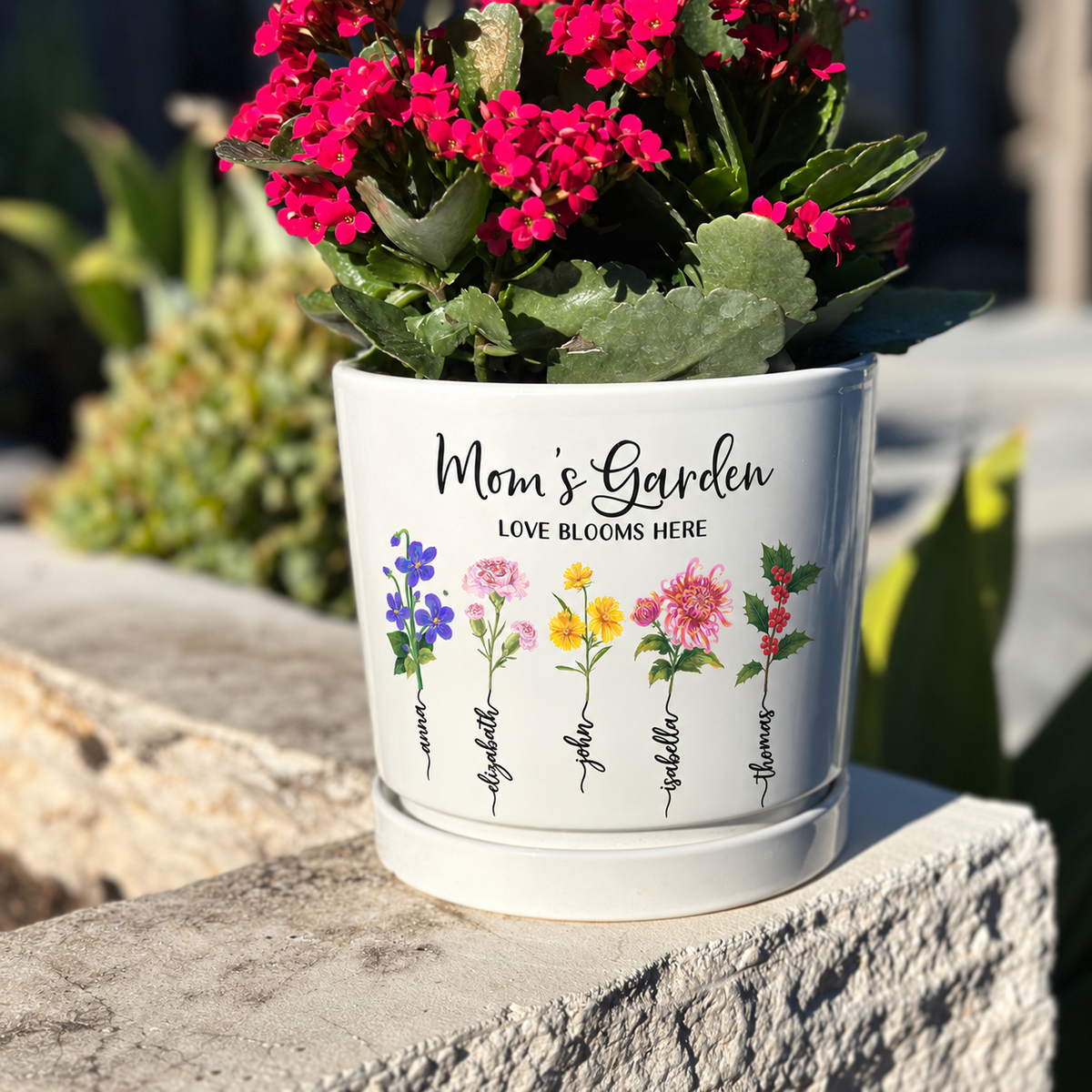 Personalized Mom's Garden ceramic pot with birth flowers