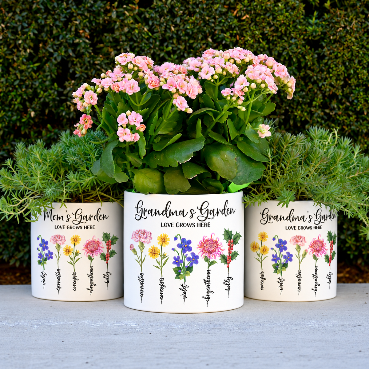 Personalized Grandma's Garden flower pots in outdoor setting