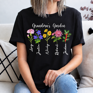 Personalized Grandma's Garden birth flower shirt in black