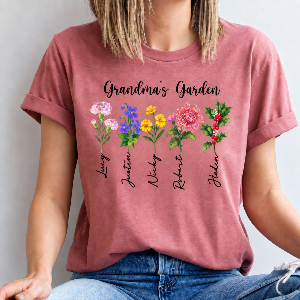 Personalized Grandma's Garden birth flower shirt in mauve
