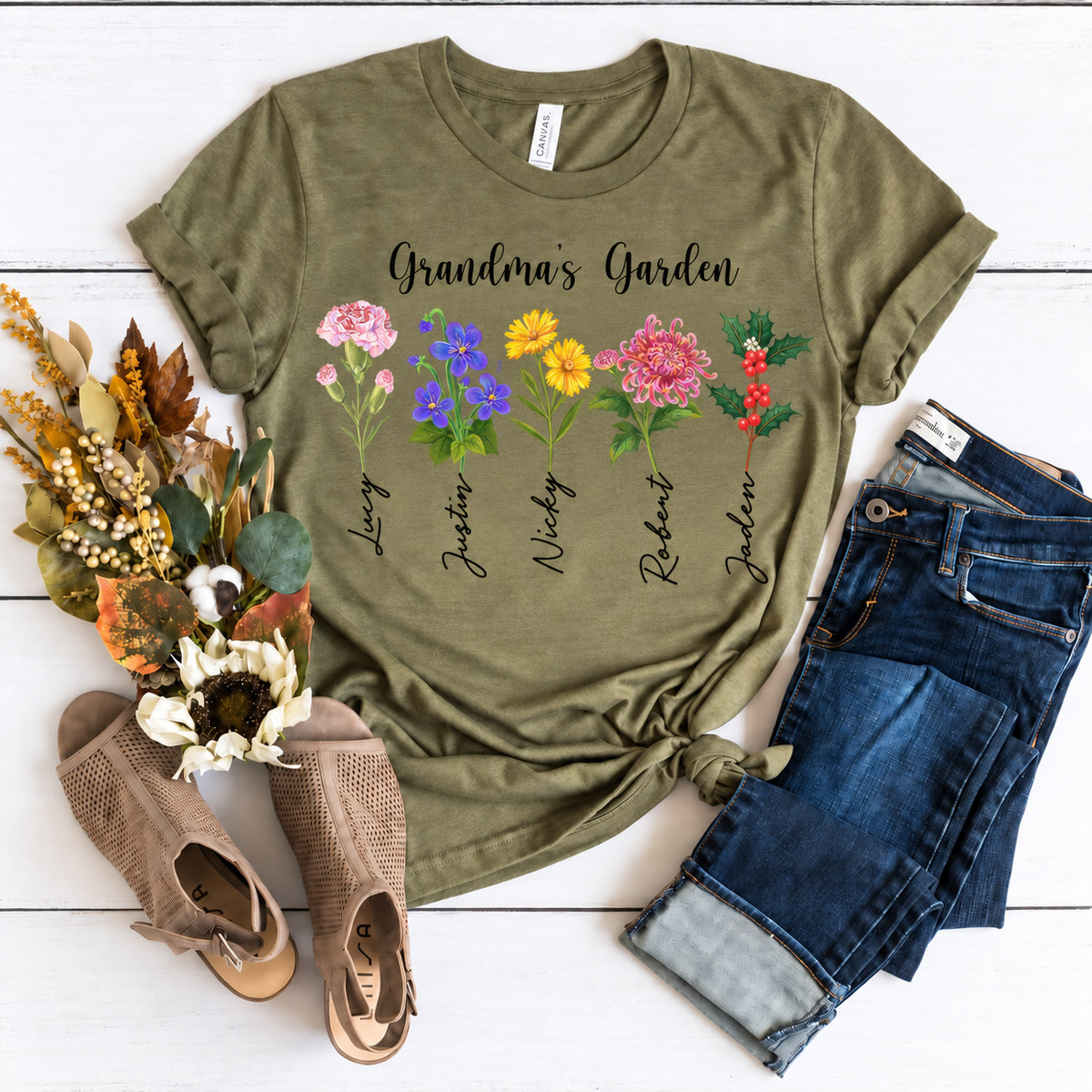Personalized Grandma's Garden birth flower shirt in olive