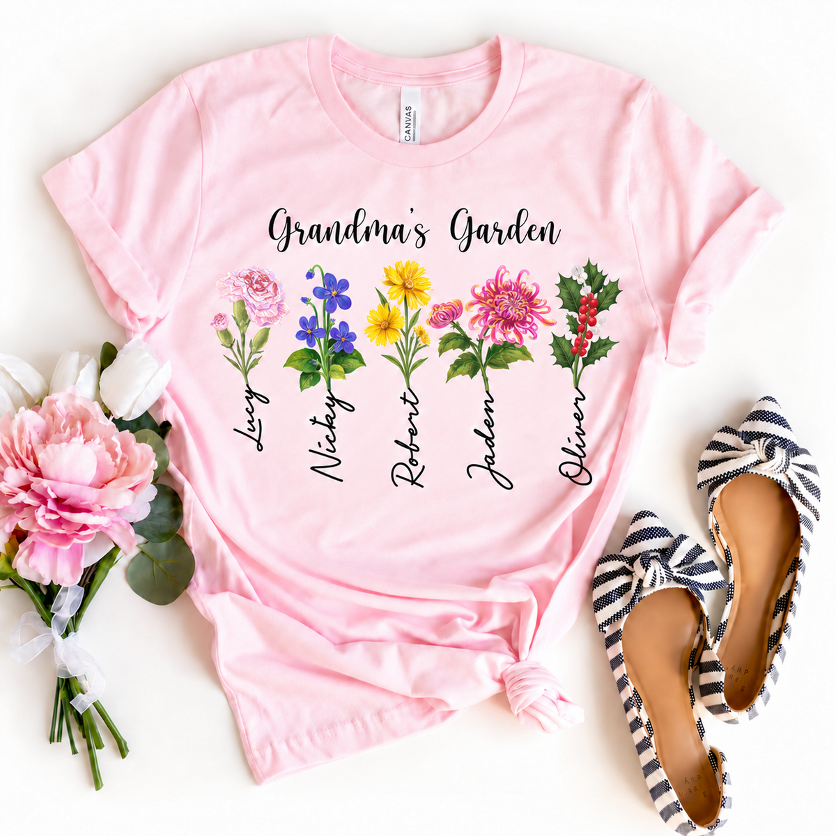 Personalized Grandma's Garden birth flower shirt in blush pink