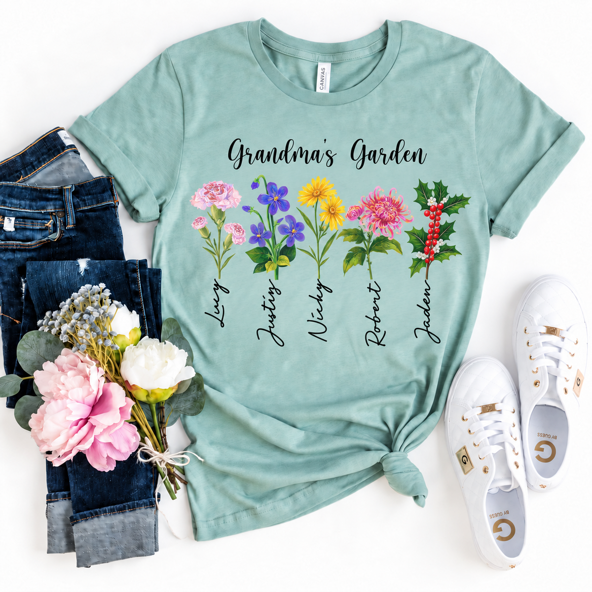 Personalized Grandma's Garden birth flower shirt in sage