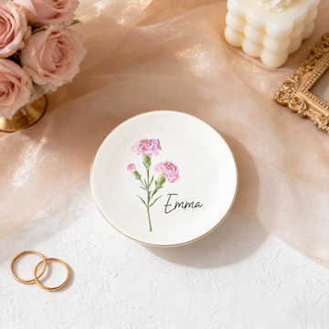 Personalized birth flower ring dish with custom name and gold rim