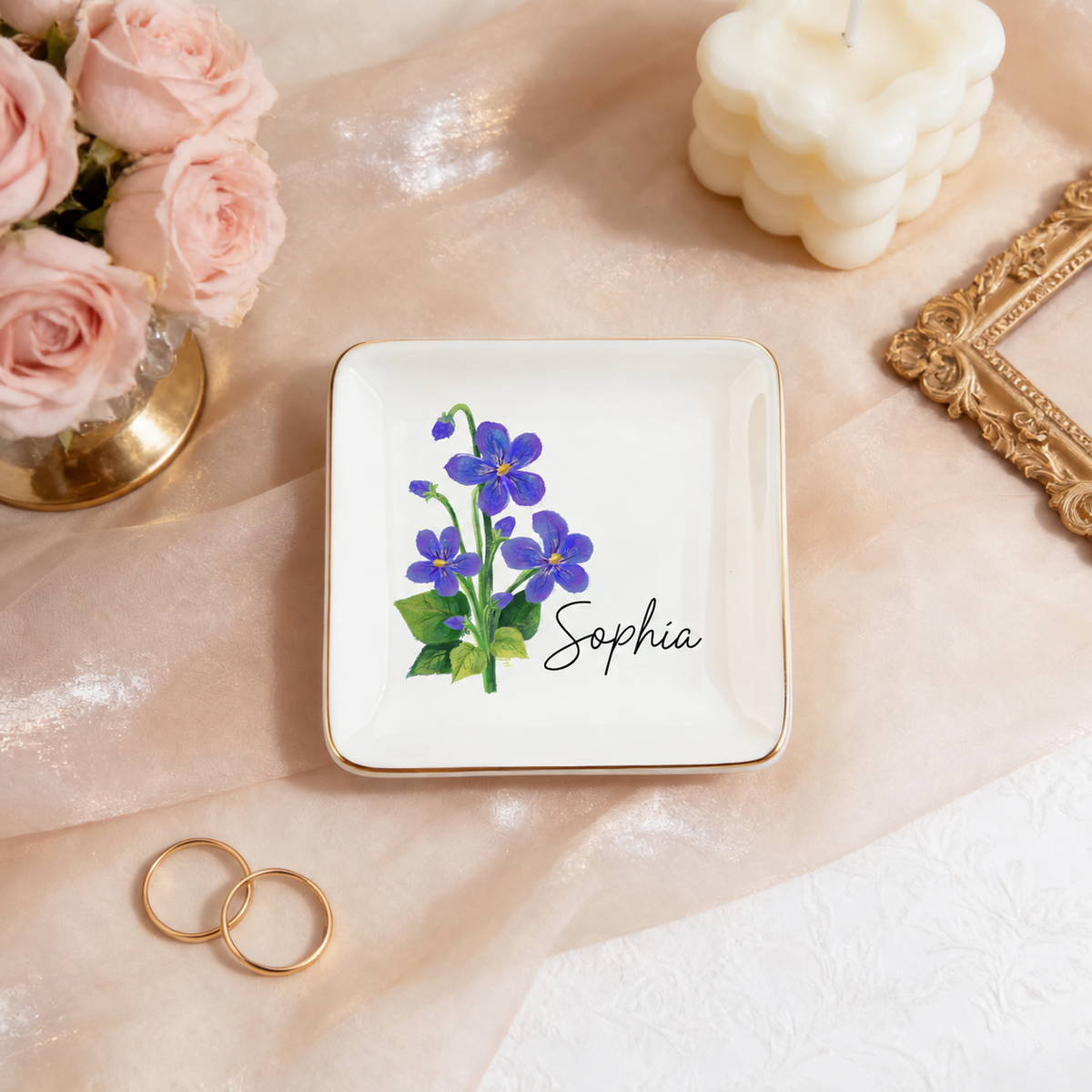 Personalized square violet birth flower ring dish with gold edge