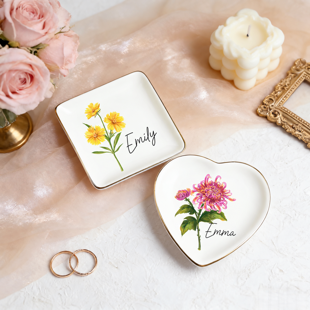 Personalized birth flower trinket dishes in square and heart shapes