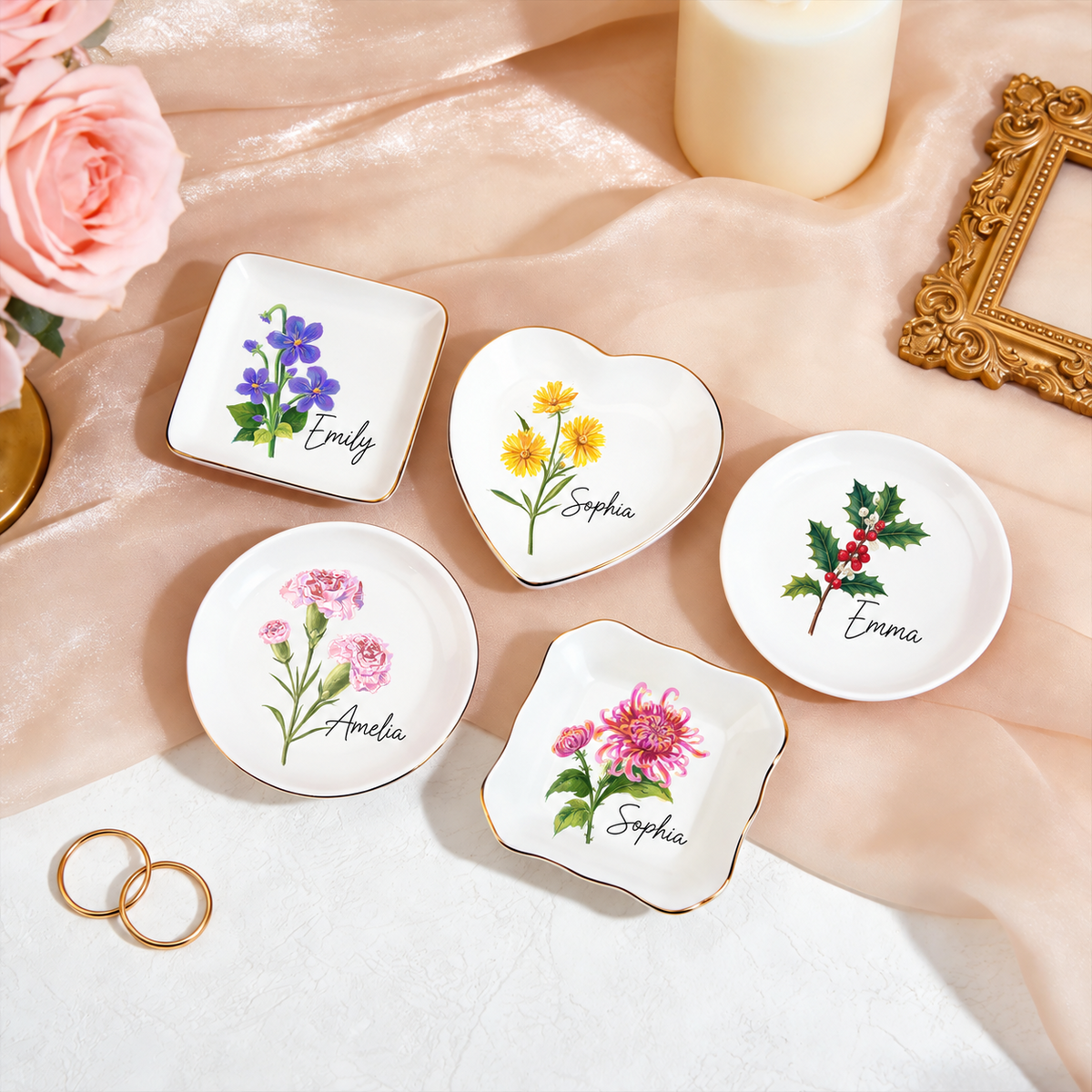 Five personalized birth flower ceramic ring dish shapes