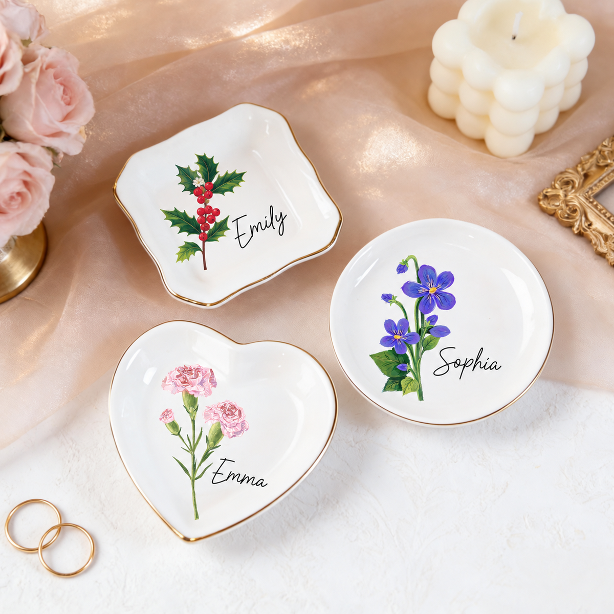 Personalized round heart and wavy birth flower ring dishes