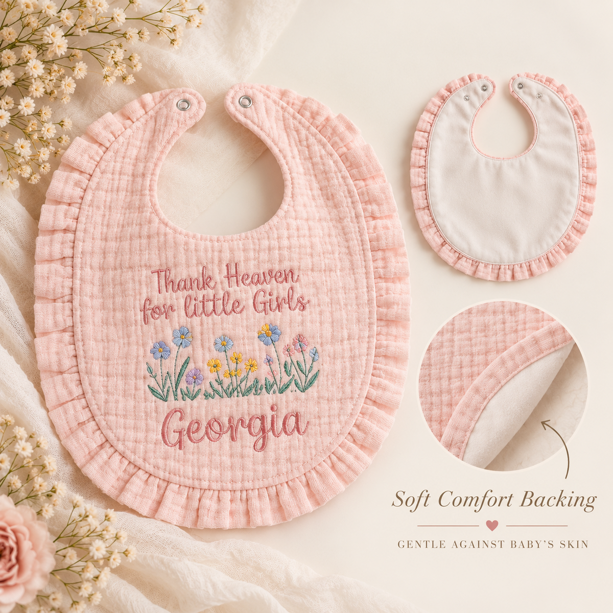 Personalized wildflower bib front, back and soft backing detail