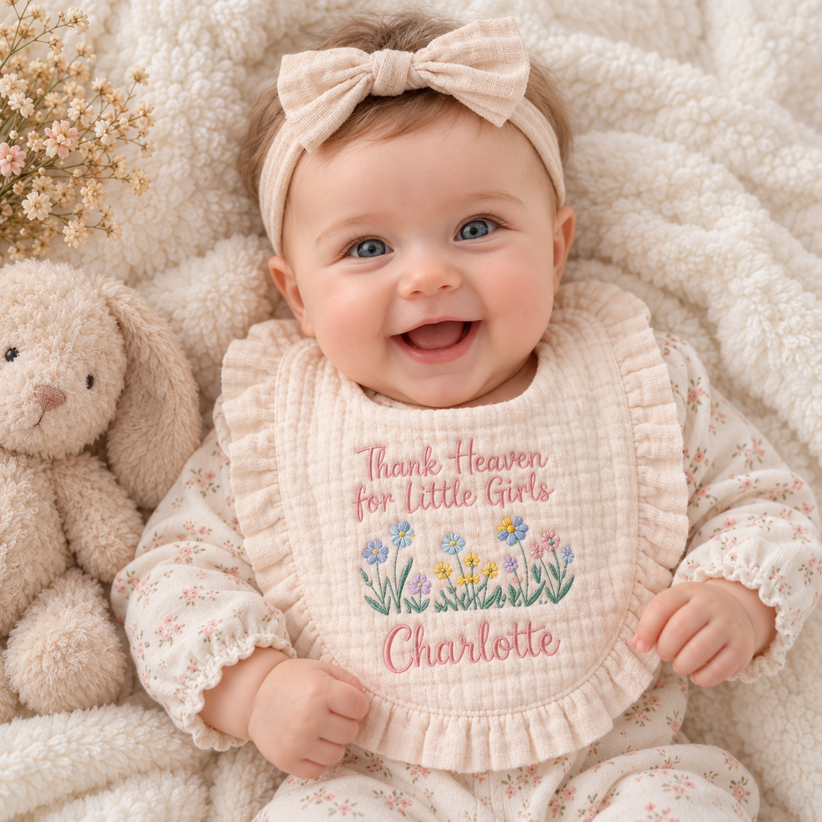 Baby wearing personalized wildflower ruffle bib in cream