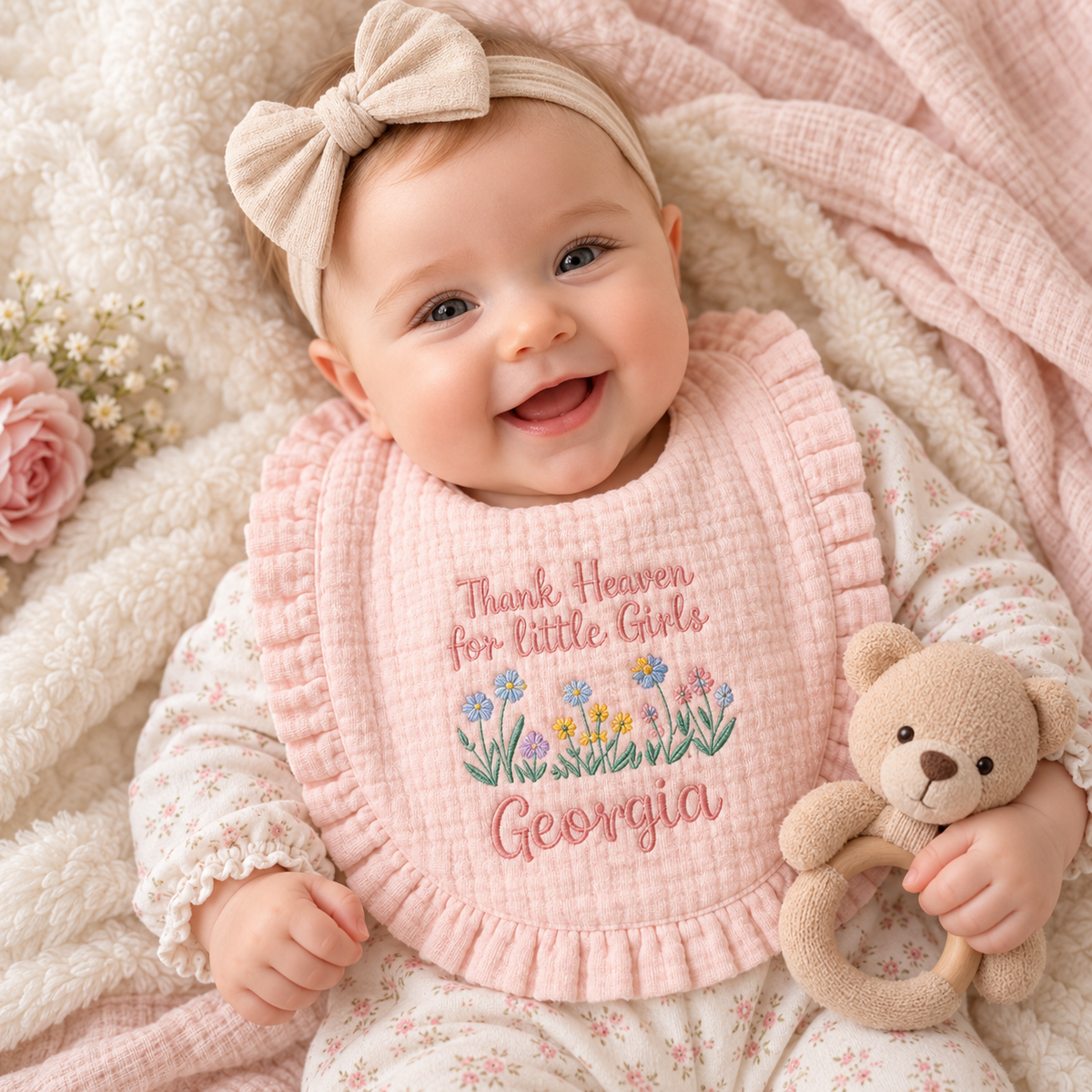 Baby wearing personalized wildflower ruffle bib in blush pink