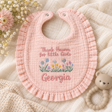 Personalized wildflower ruffle baby bib in blush pink
