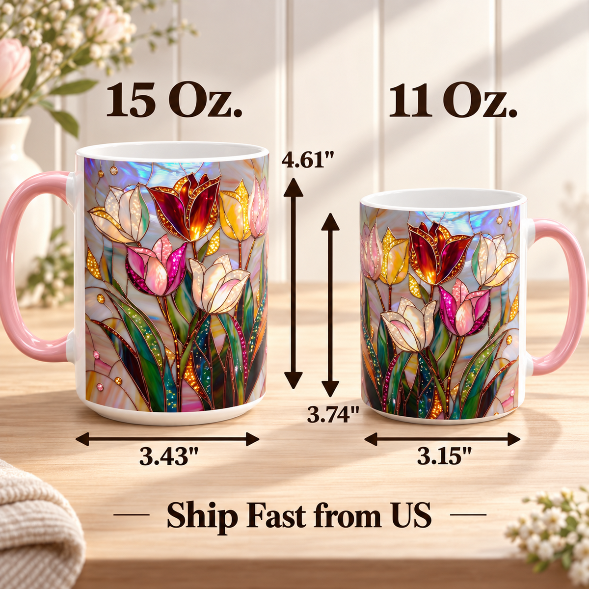 Tulip mug 11 oz and 15 oz size guide