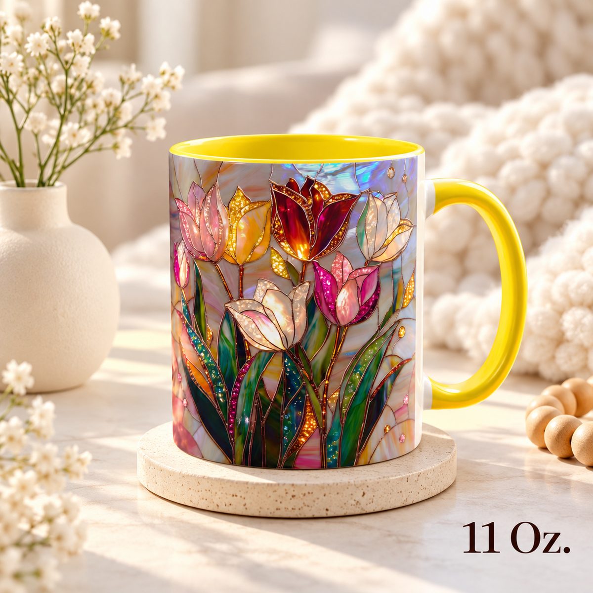 Stained-glass-inspired tulip mug in yellow, 11 oz