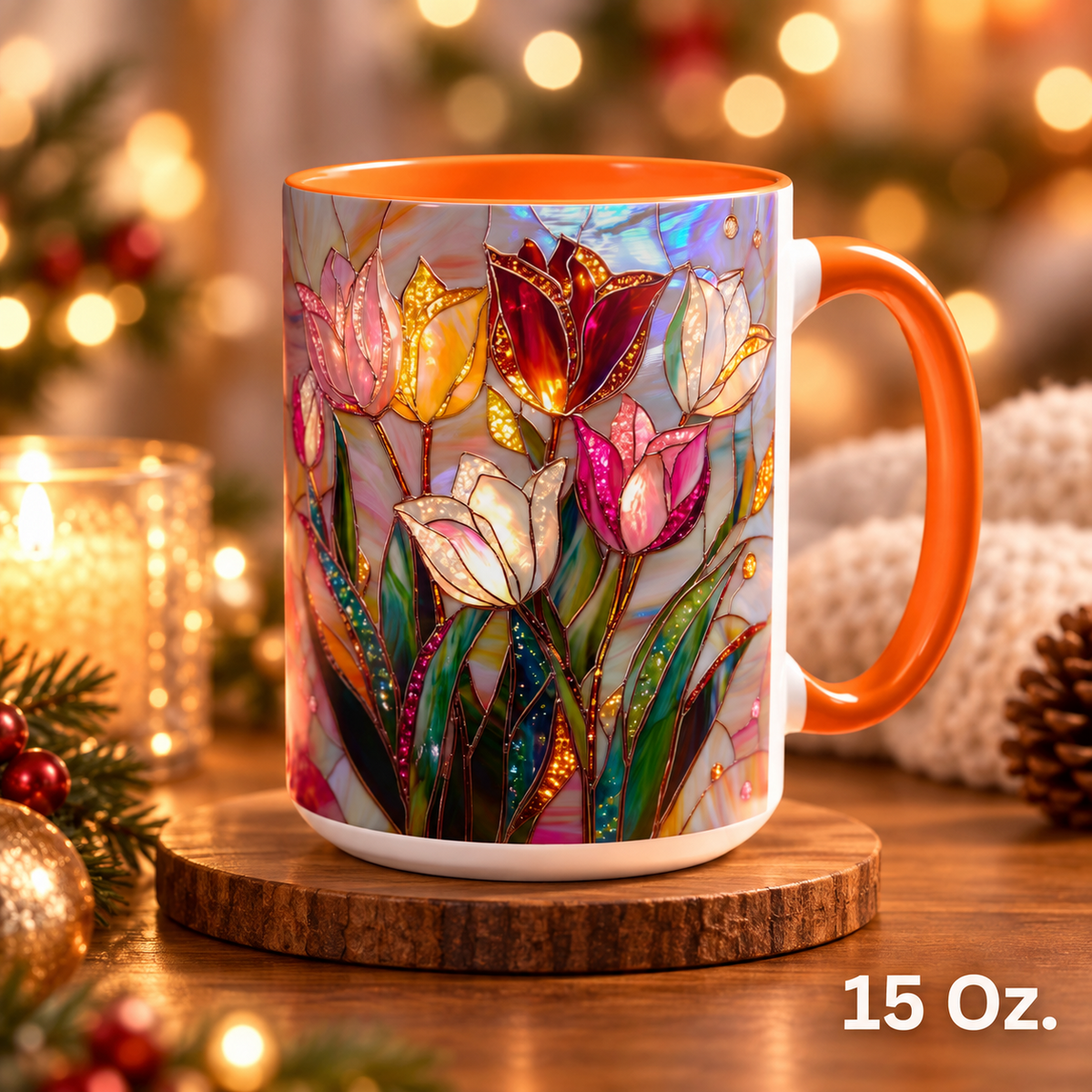 Stained-glass-inspired tulip mug in orange, 15 oz