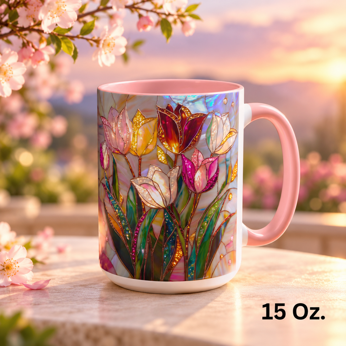 Stained-glass-inspired tulip mug in pink, 15 oz