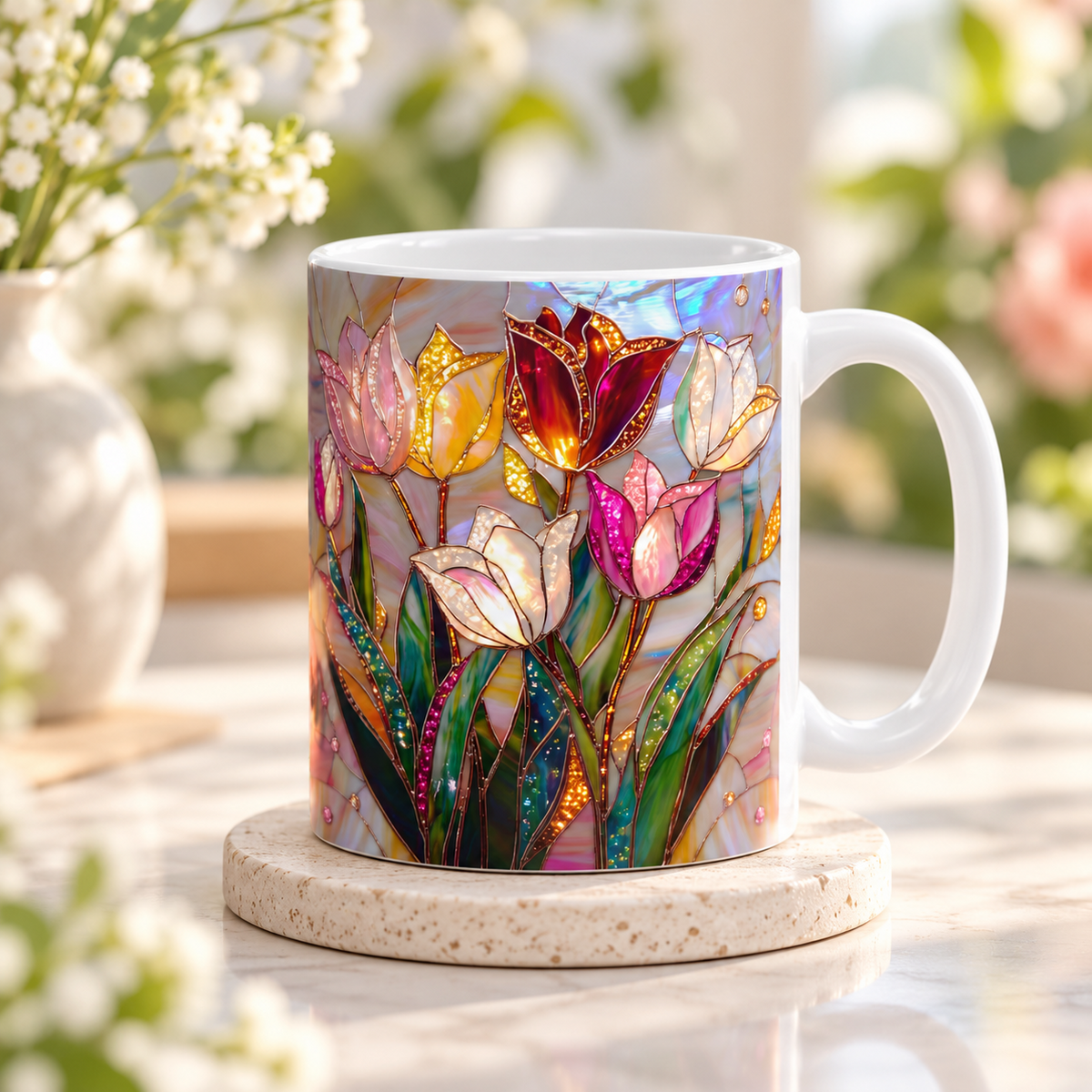 Stained-glass-inspired tulip mug in white