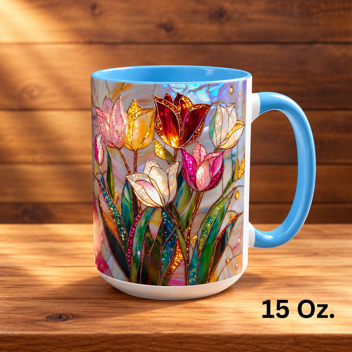 Stained-glass-inspired tulip mug in sky blue, 15 oz