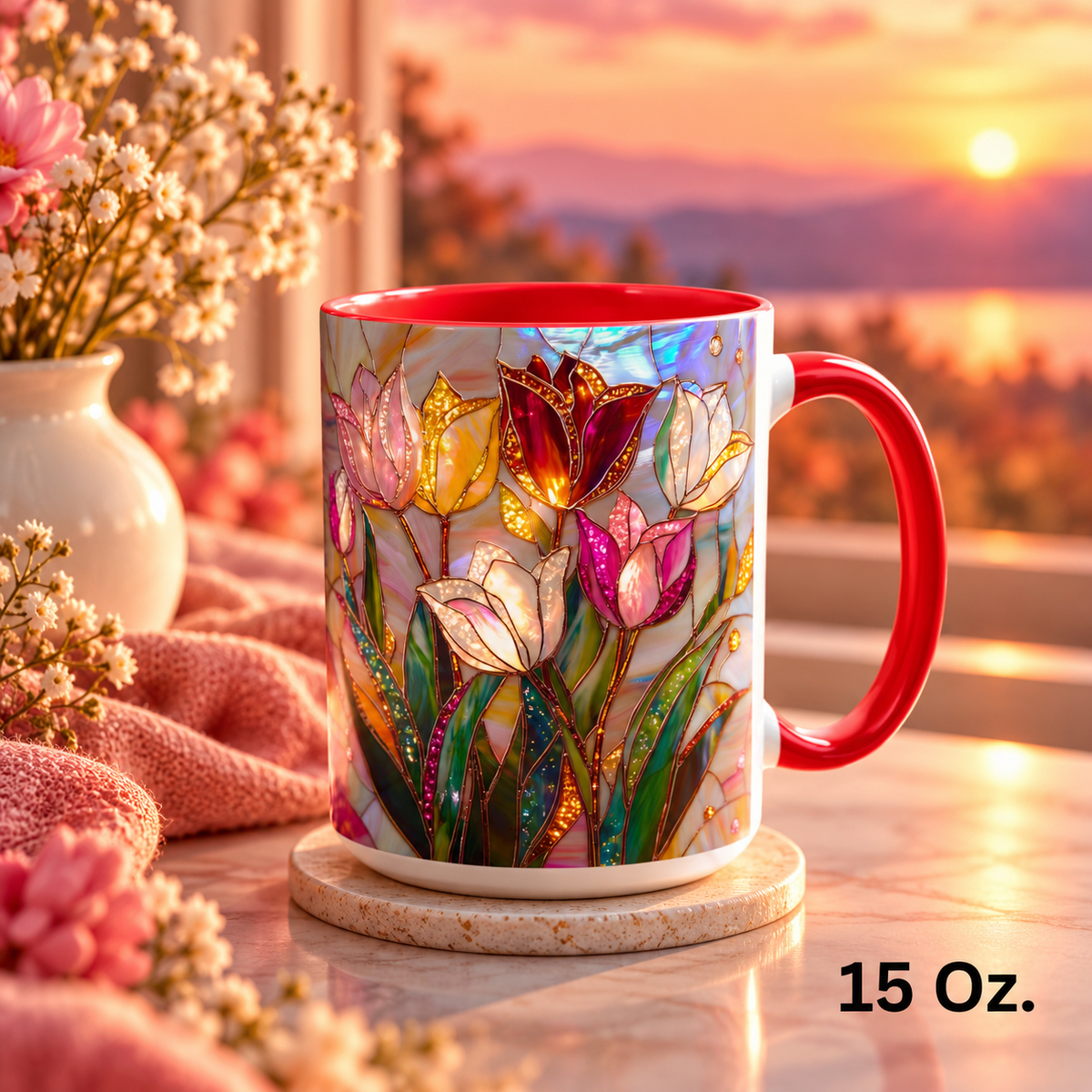 Stained-glass-inspired tulip mug in red, 15 oz
