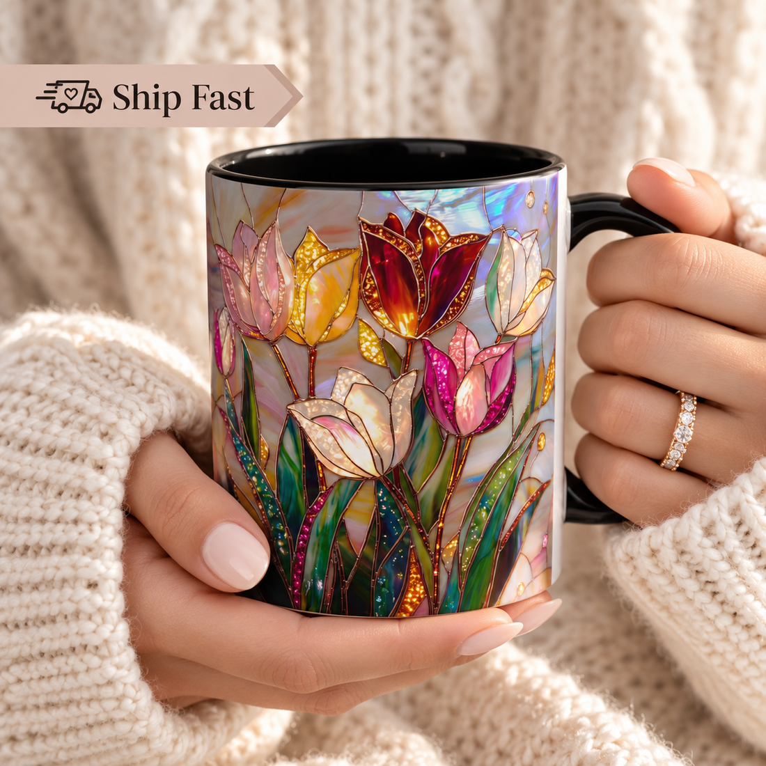 Stained-glass-inspired tulip mug in black