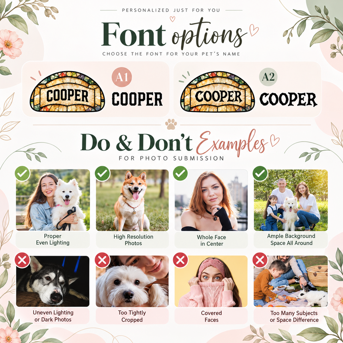 Pet photo and name font guide for personalized suncatcher