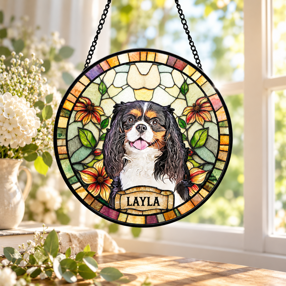 Personalized pet portrait suncatcher in Golden Garden style
