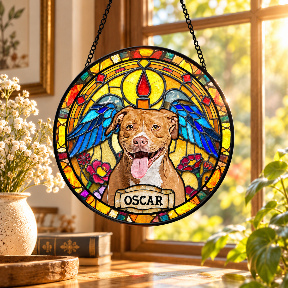 Personalized pet portrait suncatcher in Angel Wings style