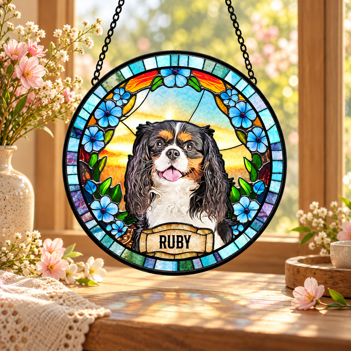 Personalized pet portrait suncatcher in Blue Horizon style
