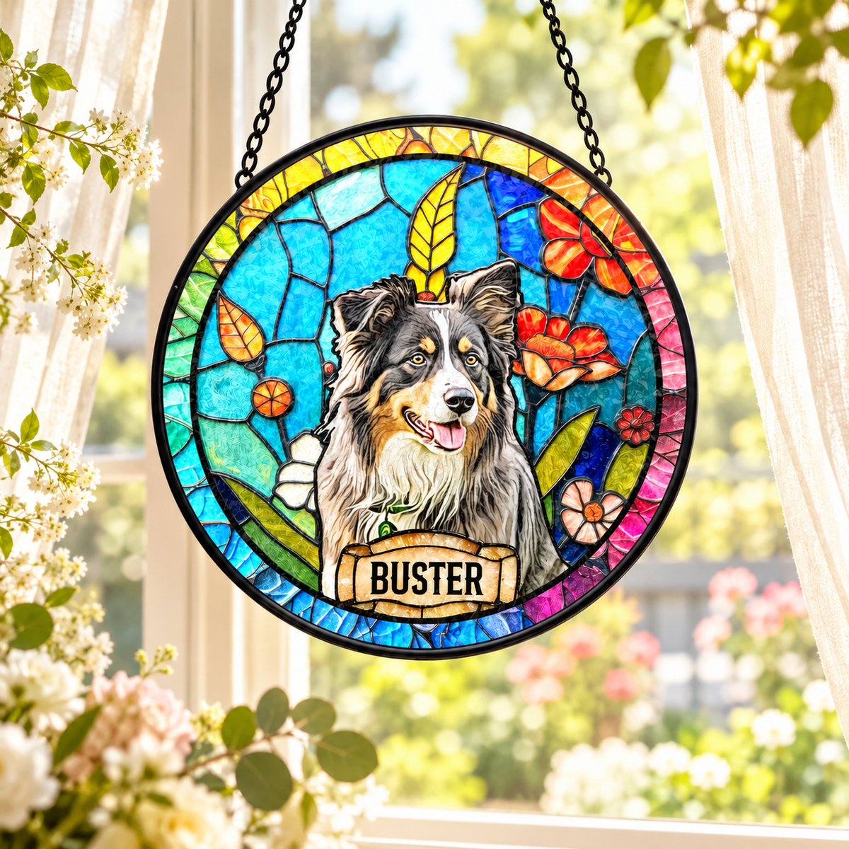 Personalized pet portrait suncatcher in Wildflower Meadow style