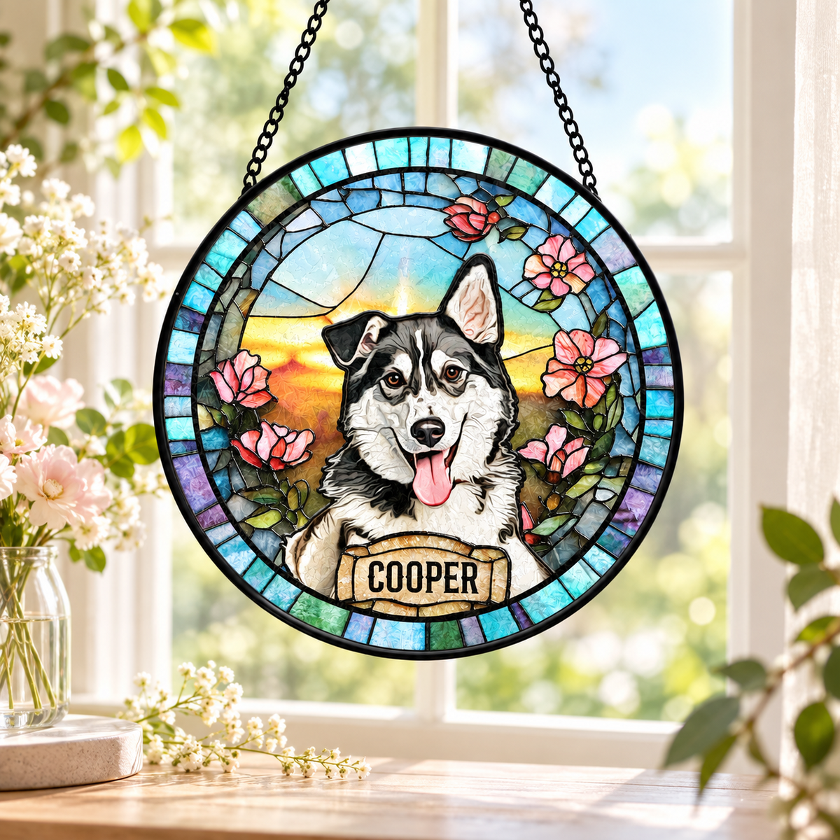 Personalized pet portrait suncatcher in Sunset Blossom style
