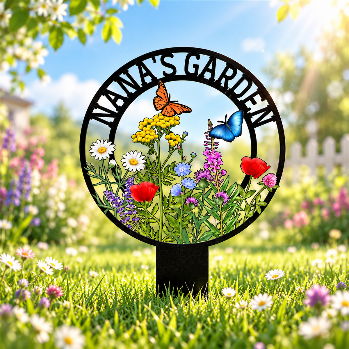 Personalized garden stake sign with vibrant floral artwork