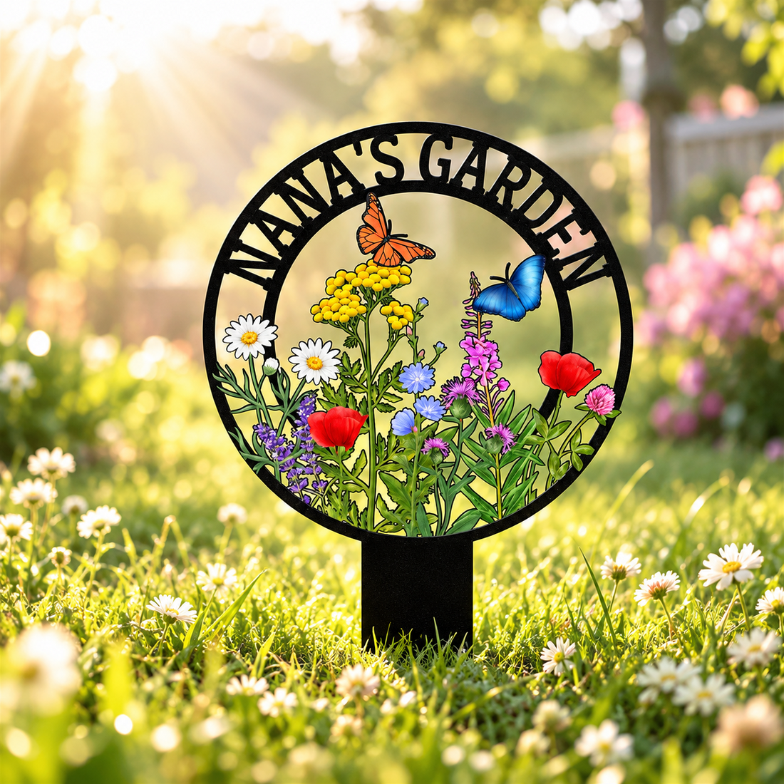 Personalized floral garden stake sign in an outdoor garden