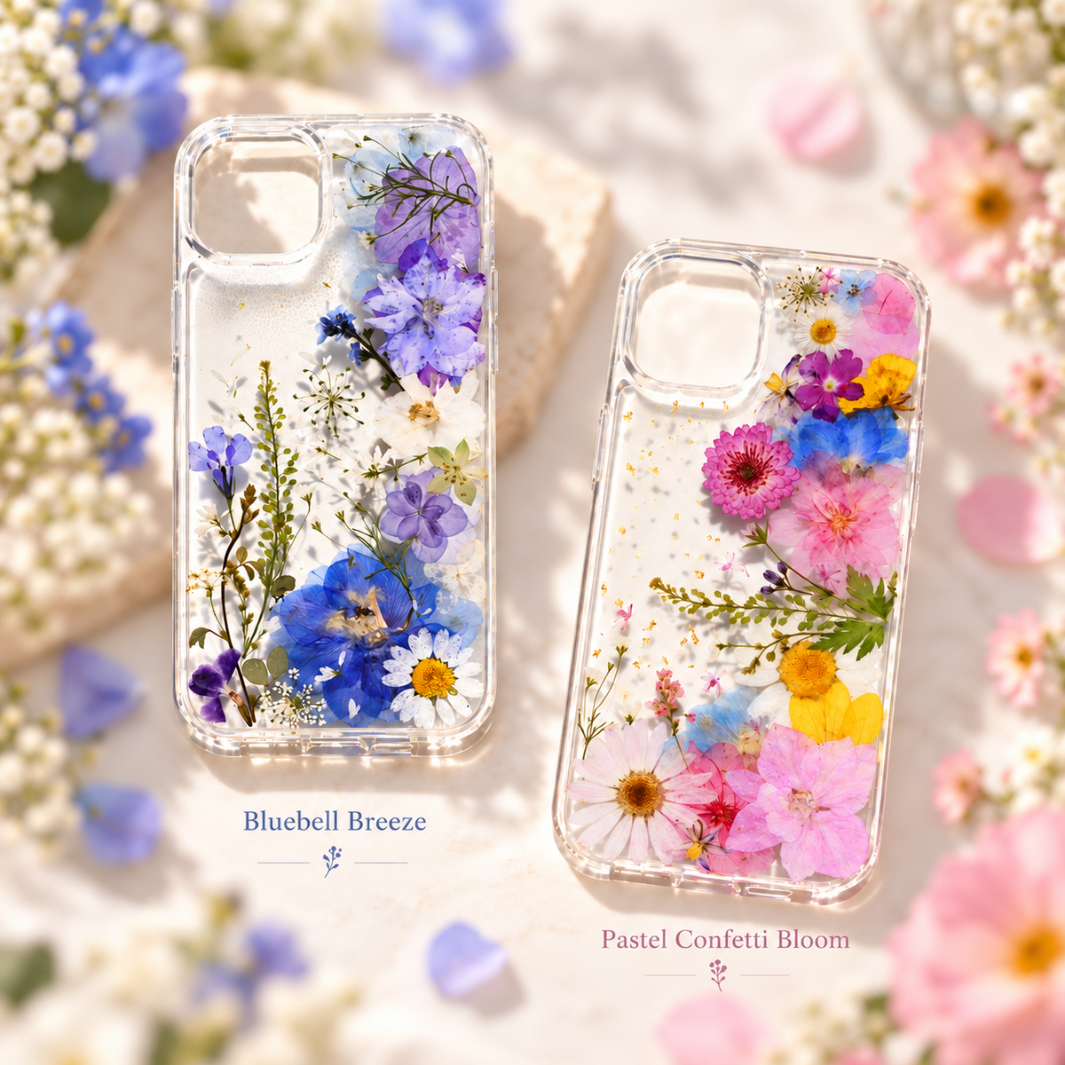 Bluebell Breeze and Pastel Confetti Bloom phone case styles