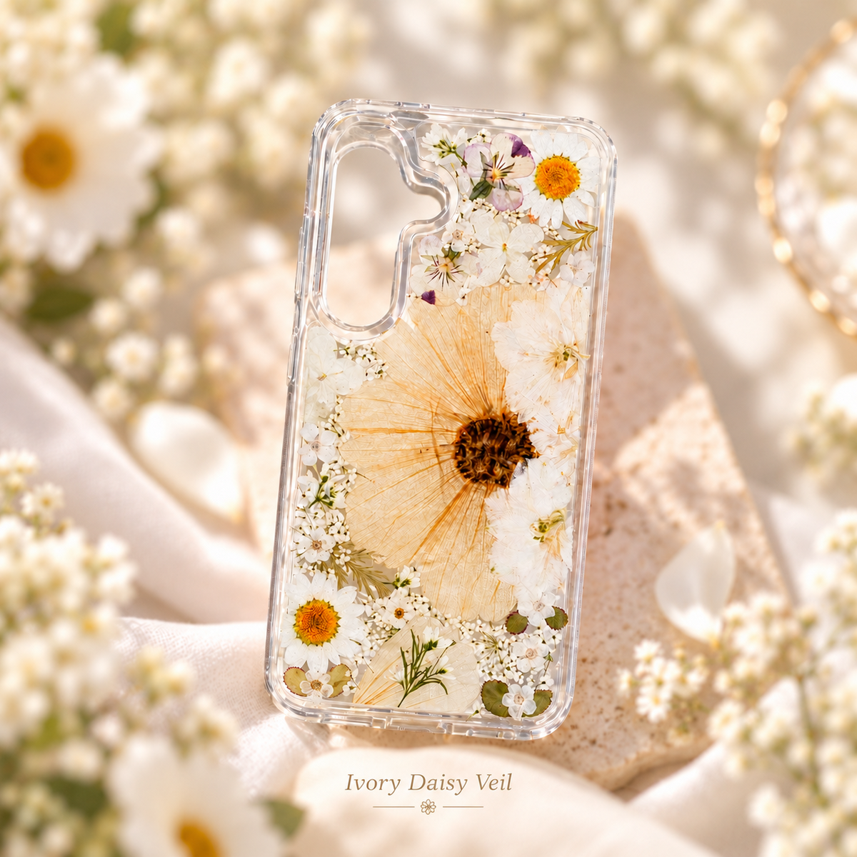 Ivory Daisy Veil clear floral phone case