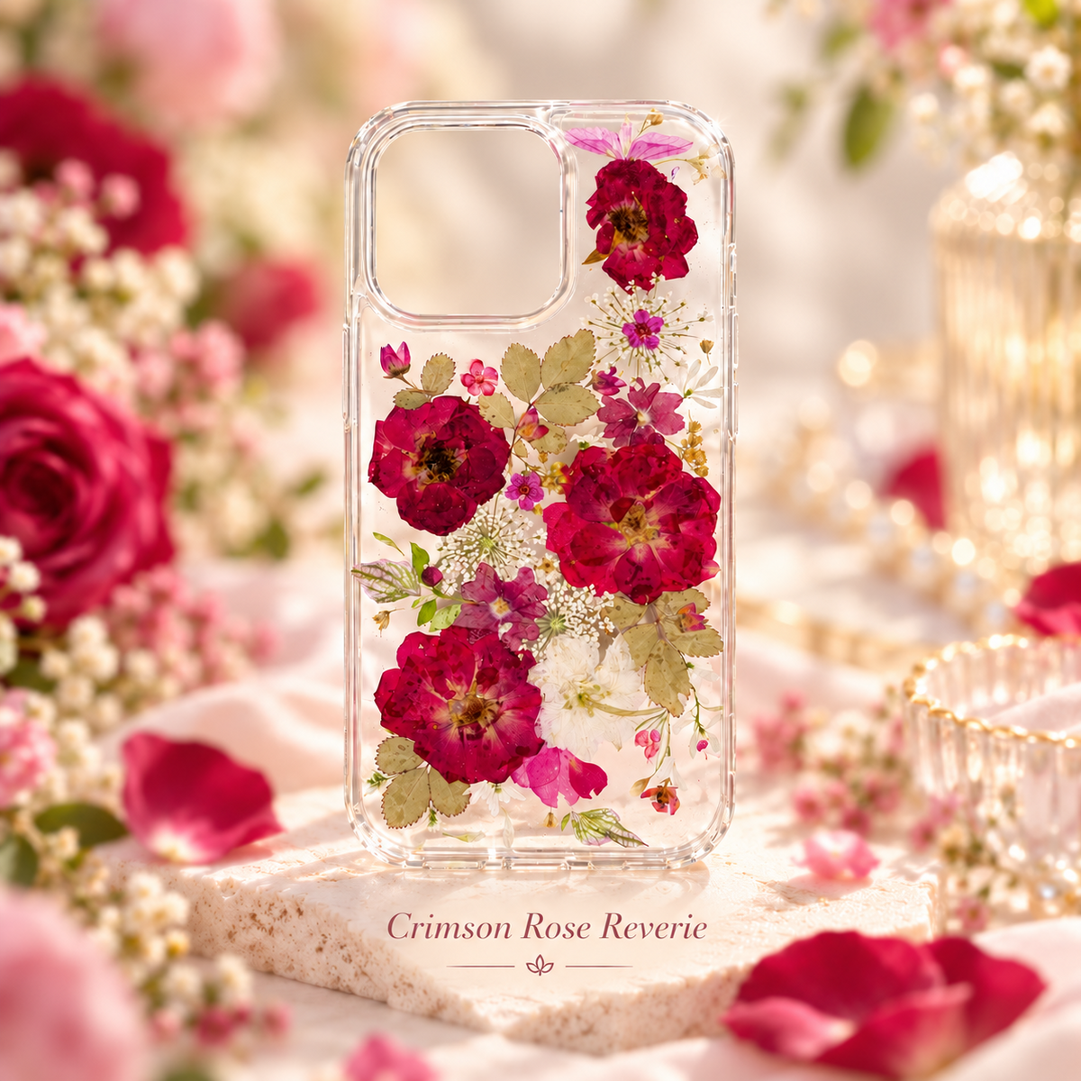 Crimson rose reverie clear floral phone case