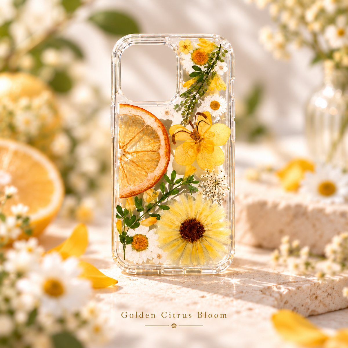Golden citrus bloom phone case lifestyle mockup